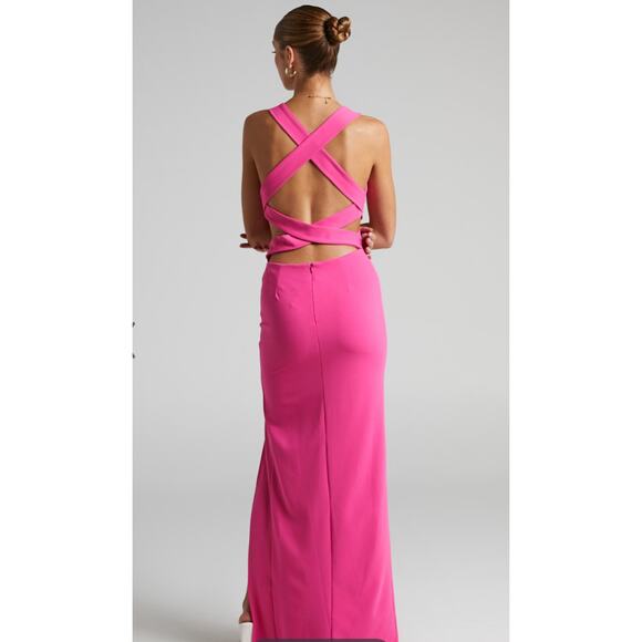 Showpo Anjie Pink Plunge V-Neck Maxi Formal Wedding Prom Dress Size 4 - Picture 3 of 10